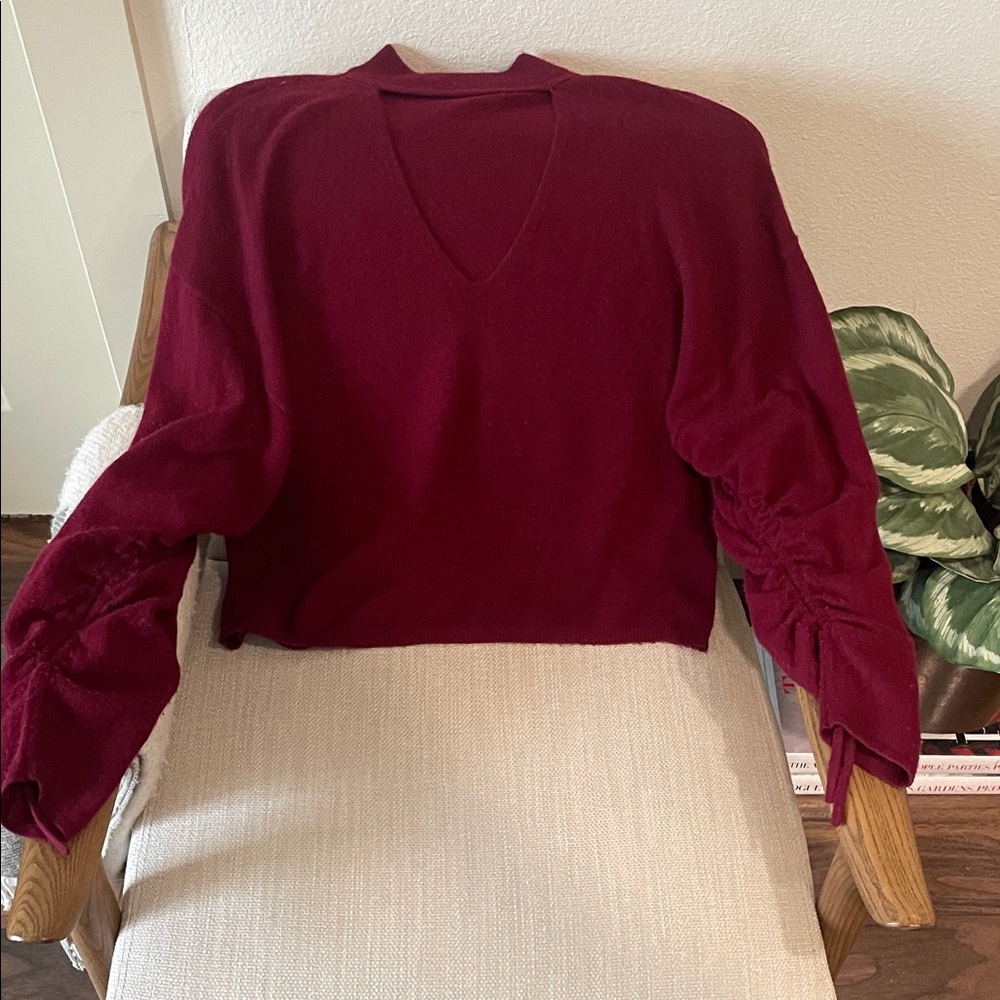 Ramy Brook Burgundy Ruched-Sleeve V-Neck Sweater